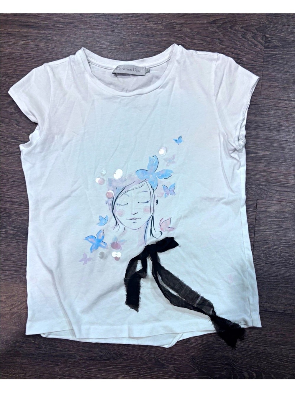 Christian Dior girls White Tee with Blue Butterfly Motif and Black Ribbon